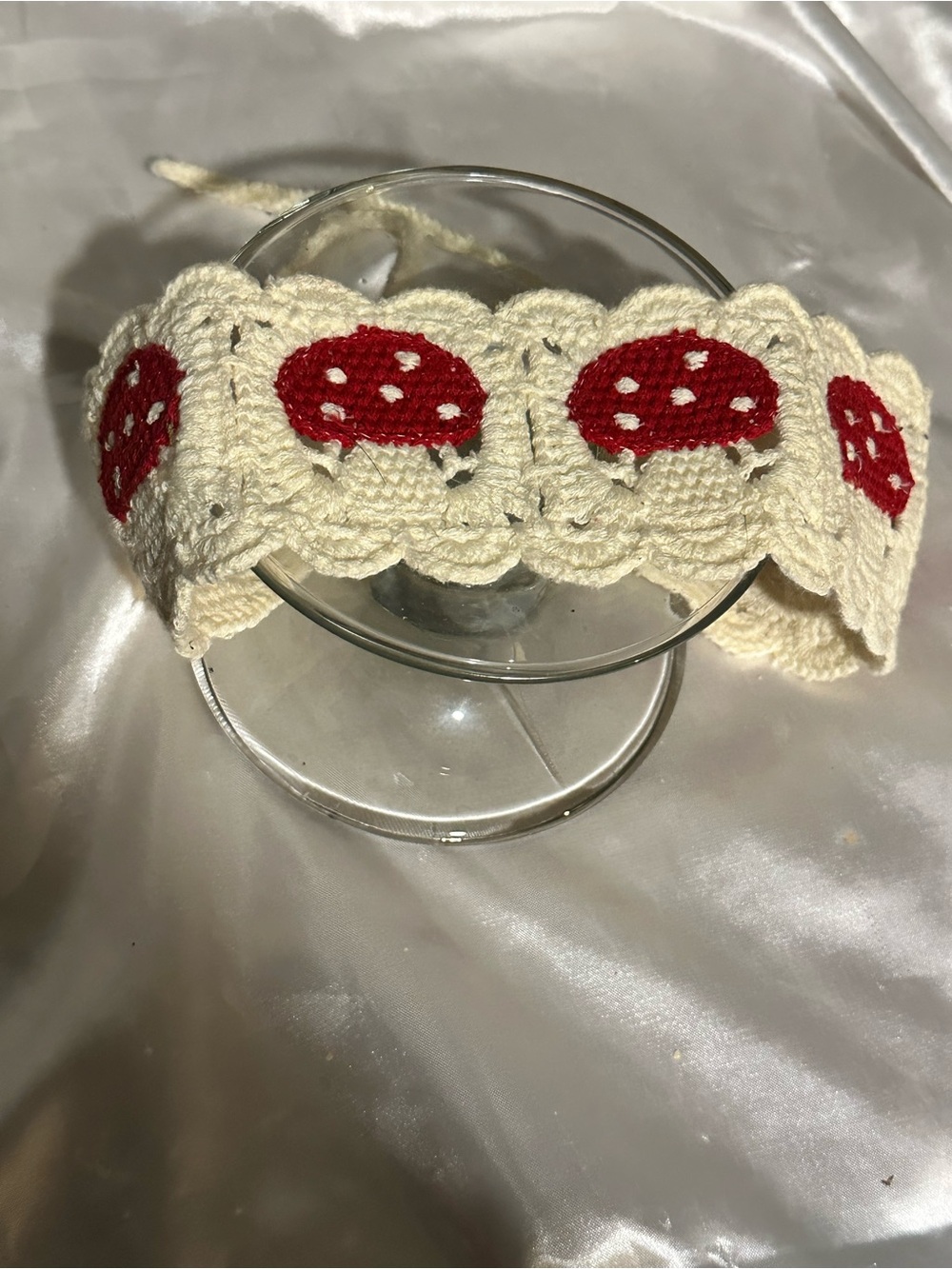 Cream Crochet Headband with Red Mushroom Appliqués